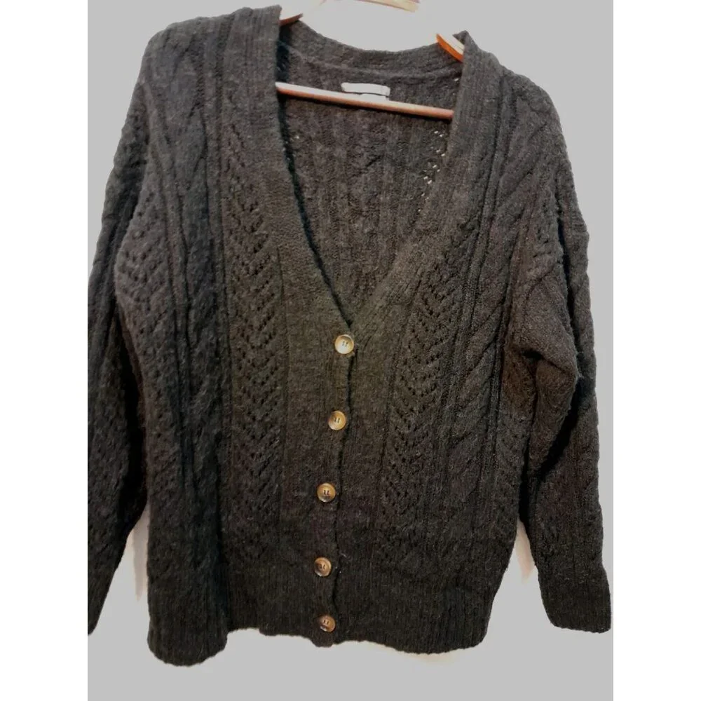 Anthropologie Pointelle Cardigan Sz Small Boho Oversized Cable-Knit Slouchy  Blk - Picture 6 of 11